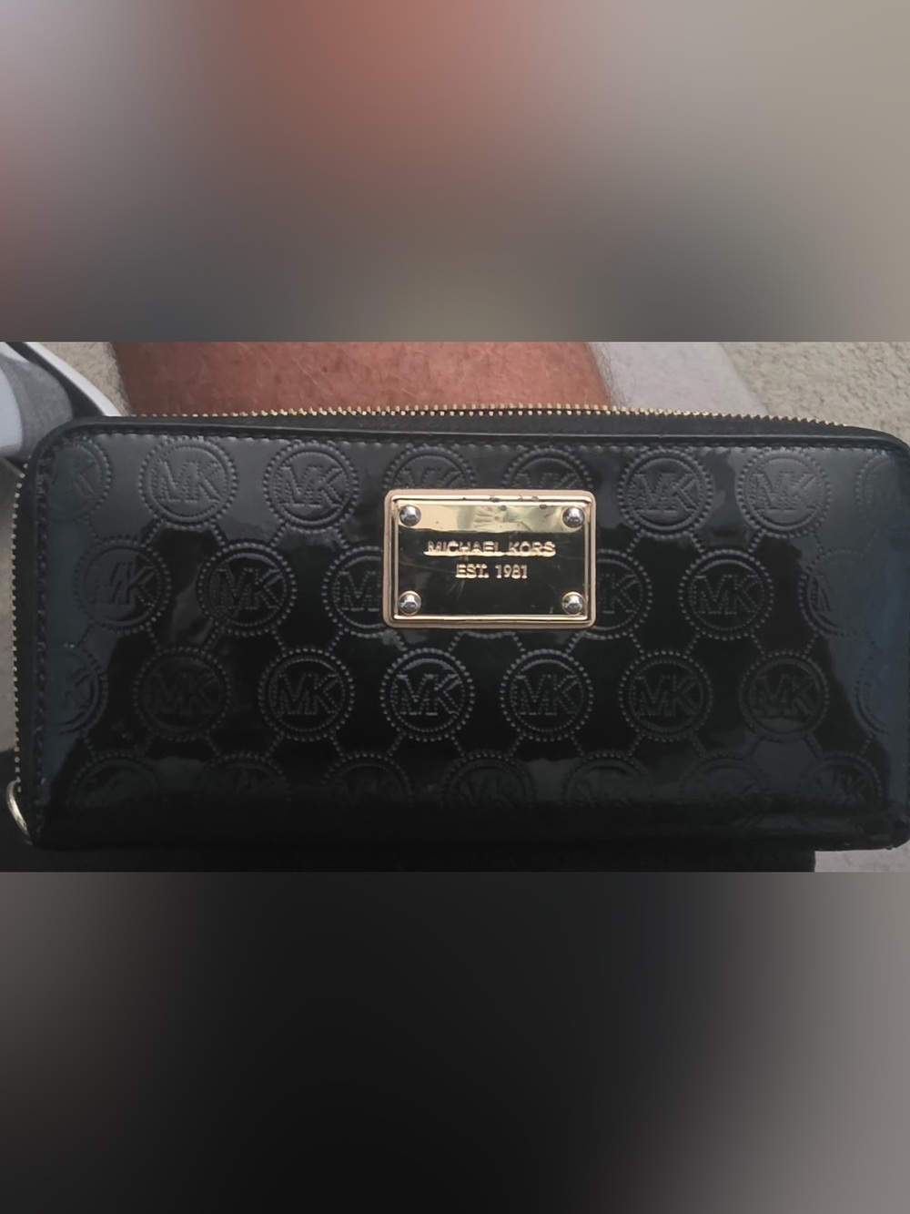 Michael Kors Black Patent Logo Zip-Around Wallet with Gold Plaque